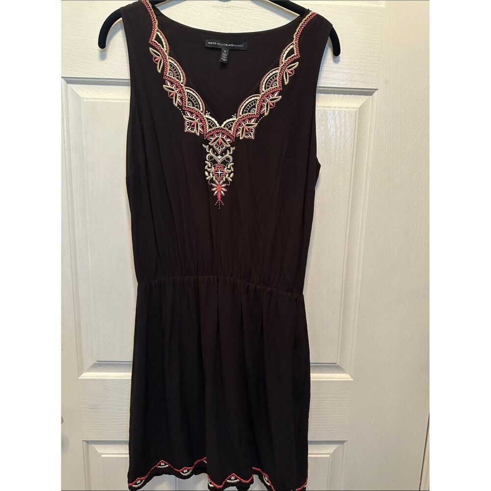 White House Black Market Black Sleeveless Mini Dress Embroidered Neckline & Hem